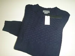 Dylan Gris Hombre Diseñador Merino Lana Gofre Tejido Suéter Talla: Lg - Azul Marino - Imagen 1 de 11