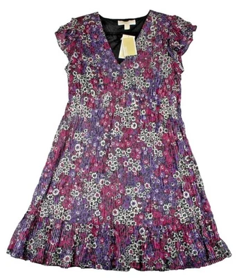 Vestido Michael Michael Kors Mujer Mediano Púrpura Floral Plisado Volantes Dobladillo Cuello en V Foto 1 de 4