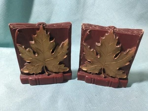 Vintage MCM Maple Leaf Bookends Brown Burwood Made In USA 4.5"x5.5" Autumn Fall - Picture 1 of 21