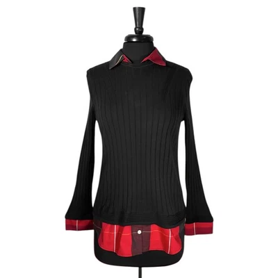 Foxcroft NYC женщин свитер S черный красный клетку воротник кромки вязаный эластичной опрятный топ - Изображение 1 из 4