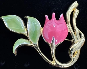 Goldtone Pink & Green Enamel Brooch Pin Apx 2" By 1.5" Unbranded No Stamp - Picture 1 of 2
