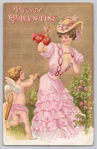 Cupid with Lady in Pink Valentine Postcard Germany SER. 703 Embossed - Picture 1 of 3