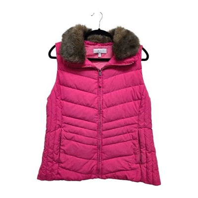 Talbots Pink Quilted Puffer Vest Optional Faux Fur Collar Women's Size Large - Image 1 of 4