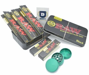 Raw Classic Black Tin Filter Tips Slim Metal Grinder Smoking Deluxe Gift Box - Picture 1 of 22