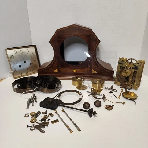 English Inlay Mantel Clock and Movement Parts Restore Not Working Cover