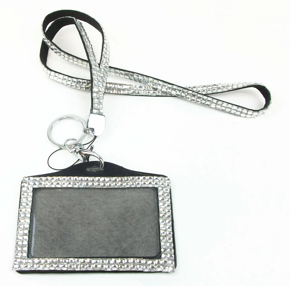 闪亮水晶水钻颈部挂绳带水平照片身份证徽章夹  — 第 1/1 张图片