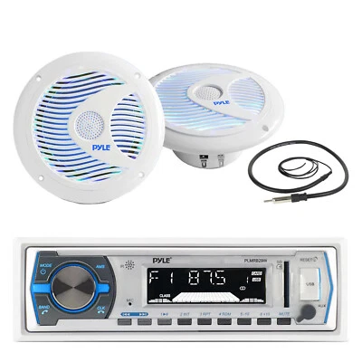 Pyle Bluetooth Marine Receiver, 2x 6.5'' 150W Multicolor LED Speakers, Antenna - Image 1 of 4