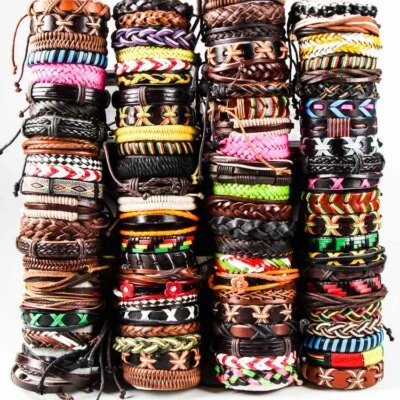 30x Mix lot Genuine Leather Bracelets Men's Wristbands Manmade Wholesale Jewerly - Image 1 of 4