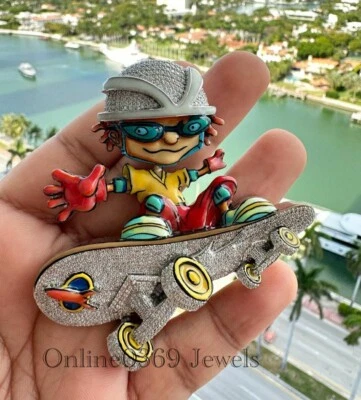 Men's Trending Character Skate Board Enamel Pendant White Gold Plated Silver - Image 1 of 4