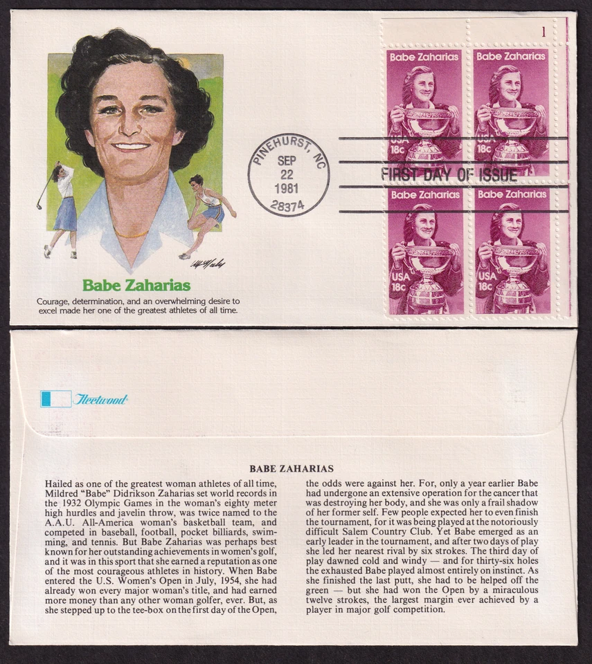 1981 Babe Zaharias golf legend Sc 1932 with Fleetwood cachet Pinehurst NC - Image 1 of 1