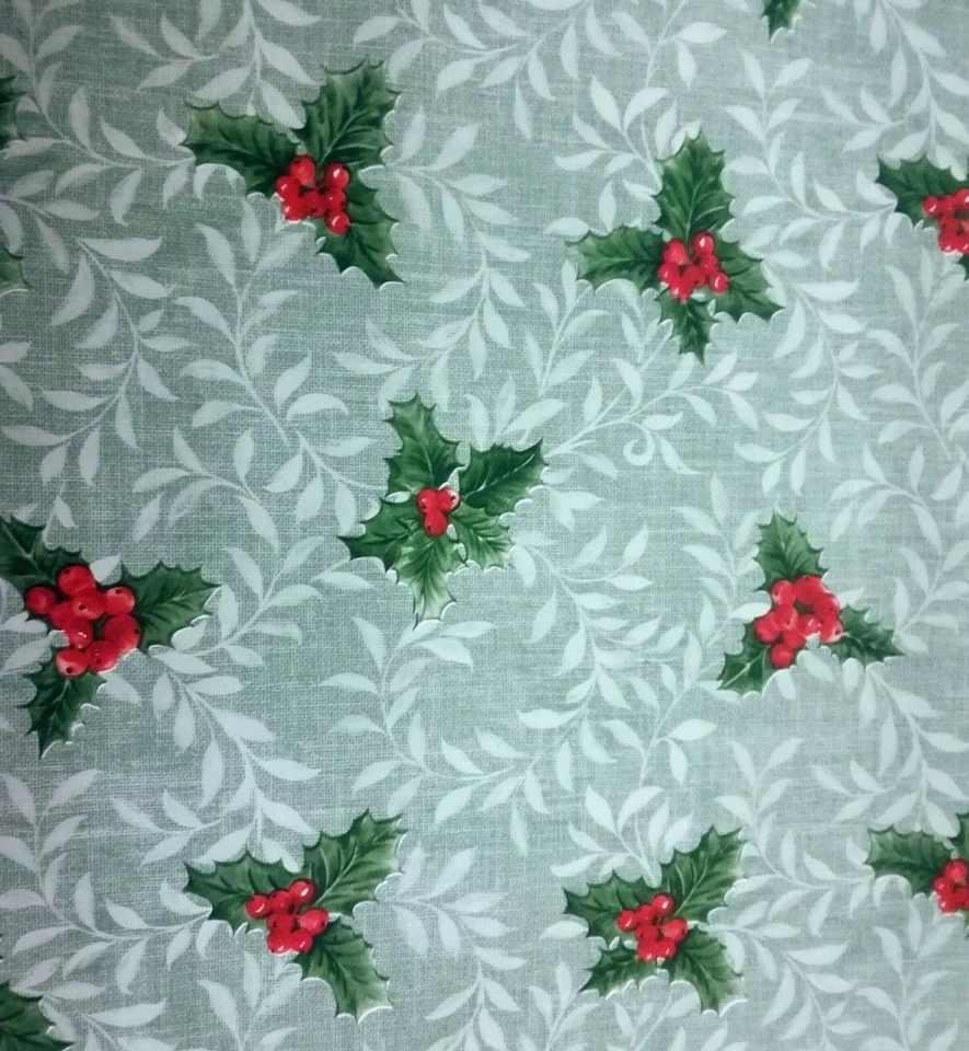 Christmas Holly on Willow Leaves Green PVC Vinyl Wipe Clean Oilcloth Tablecloth - Image 1 of 1