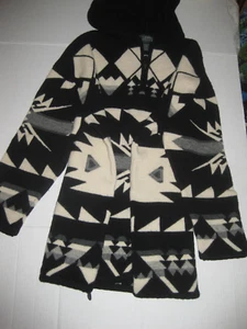 Vintage Lauren Ralph Lauren Aztec Lambswool Unisex Long Sweater Black White Hood - Picture 1 of 9