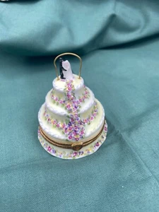 Limoges France Peint Main Trinket Box Wedding Cake Bride & Groom Mint - Picture 1 of 5
