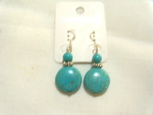 NEW DANGLE HOOK PIERCED EARRINGS CLASSIC TURQUOISE & SILVER........VERY NICE - Picture 1 of 2