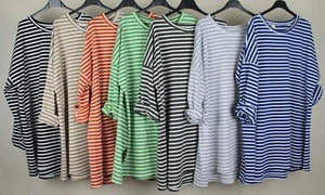 New Spring Ladies Italian Oversized Lagenlook Quirky Stripe Design Tunic Top - Picture 1 of 11