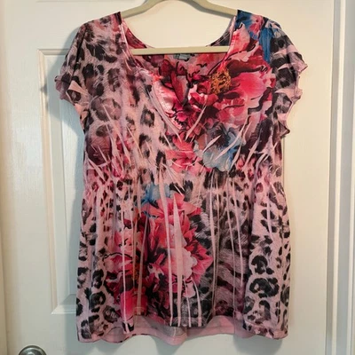 OneWorld Sleep Pajama Top XL Pink Floral Leopard Print Short Sleeve Tunic - Image 1 of 4