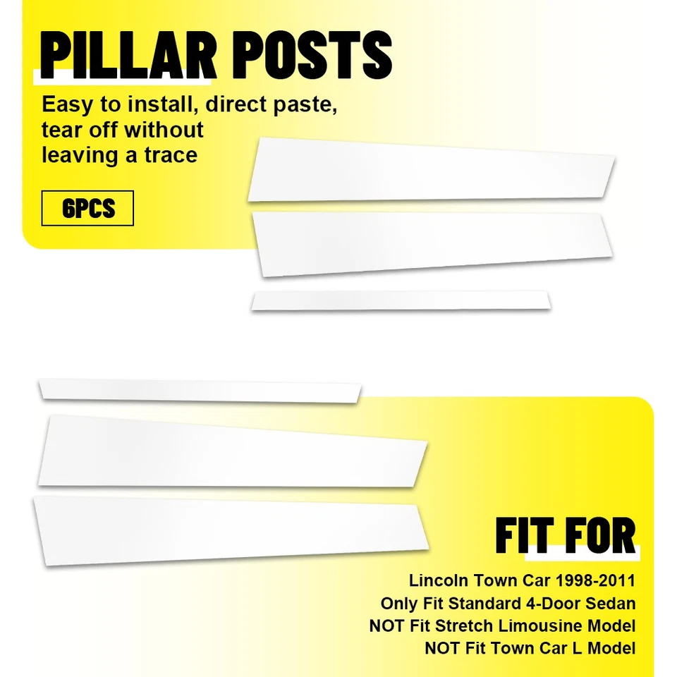 Chrome Pillar Posts for Lincoln Town Car 1998-11 Door Trim Cover Window Kit 6x B Foto 1 de 4