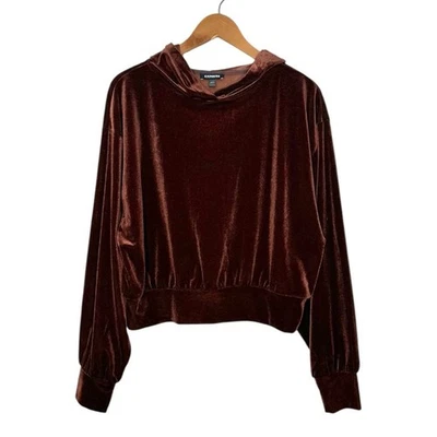 Sudadera con Capucha Express Terciopelo Recortada Talla Grande Marrón Chocolate Manga Larga Salón Foto 1 de 4