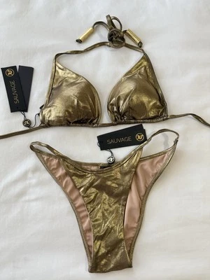 NUEVO CON ETIQUETAS Sauvage California Traje de Baño Bronce Metálico Bikini PEQUEÑO Raro Foto 1 de 4