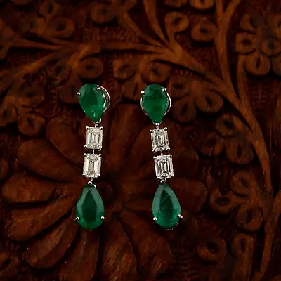 7.00 Tcw Lab Grown CVD Diamond Zambian Emerald Dangle Earrings 14k White Gold - Image 1 of 4