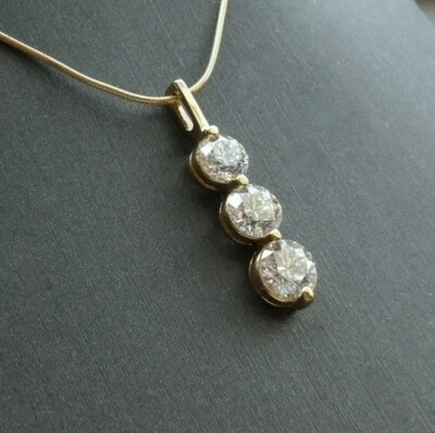 14K YELLOW GOLD 3  (LASER DRILLED) GENUINE DIAMOND PENDANT NECKLACE  1.89 TCW - Image 1 of 4