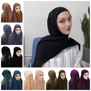 Chiffon Hijab With Bonnet Elastic Rope Cap Solid Inner Scarf Headband Head Wrap
