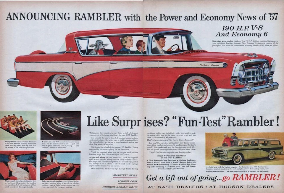 Anuncio impreso Rambler 1956 nuevo 57 blanco sobre rojo y 2 tonos verde prueba divertida Foto 1 de 1