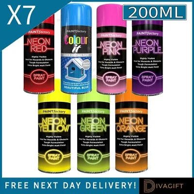 PAINT FACTORY 7 x NEON SPRAY PAINT ALL PURPOSE AEROSOL PRIMER GLOSS METAL PLASTIC 200ML NEW