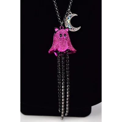 Betsey Johnson Halloween Blingy Ghost Cat Necklace Pink Crystal Black NWT BinBM - Image 1 of 4