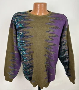 Vintage 90s Pronto Uomo Sweater Mens Large Olive Brown Dad Vaporwave Cyber Rave - Picture 1 of 15