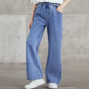 Child Girls Baggy Wide Leg Jeans Fit Elastic Waist Denim Pants Trouser 3-13 Year - Picture 1 of 12