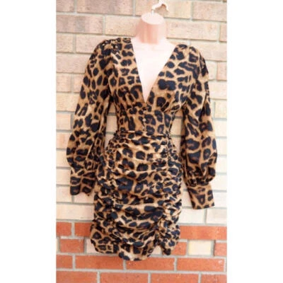 Chic Me braun schwarz Animal Print gerafft Langarm Bodycon Kleid 6 8 XS S - Bild 1 von 4