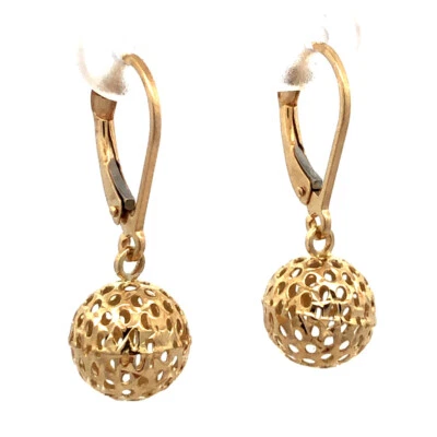 Designer RL 14K Yellow Gold Open Work Round Ball Drop Dangle Leverback Earrings - Image 1 of 4
