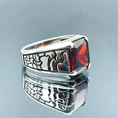 Anel masculino simulado de prata esterlina 925 vermelho rubi feito à mão anel de presente minimalista - Imagem 1 de 4