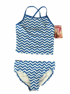 NWT New Girls Swimsuit Bikini Tankini 2-Piece White Blue Chevron Stripe KanuSurf - Picture 1 of 9