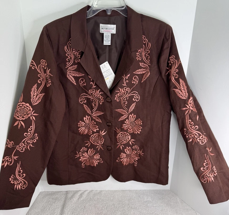 Victor Costa Mujer QVC NUEVO CON ETIQUETAS Marrón Traje Chaqueta Bordado Floral Follaje En Rosa Foto 1 de 4