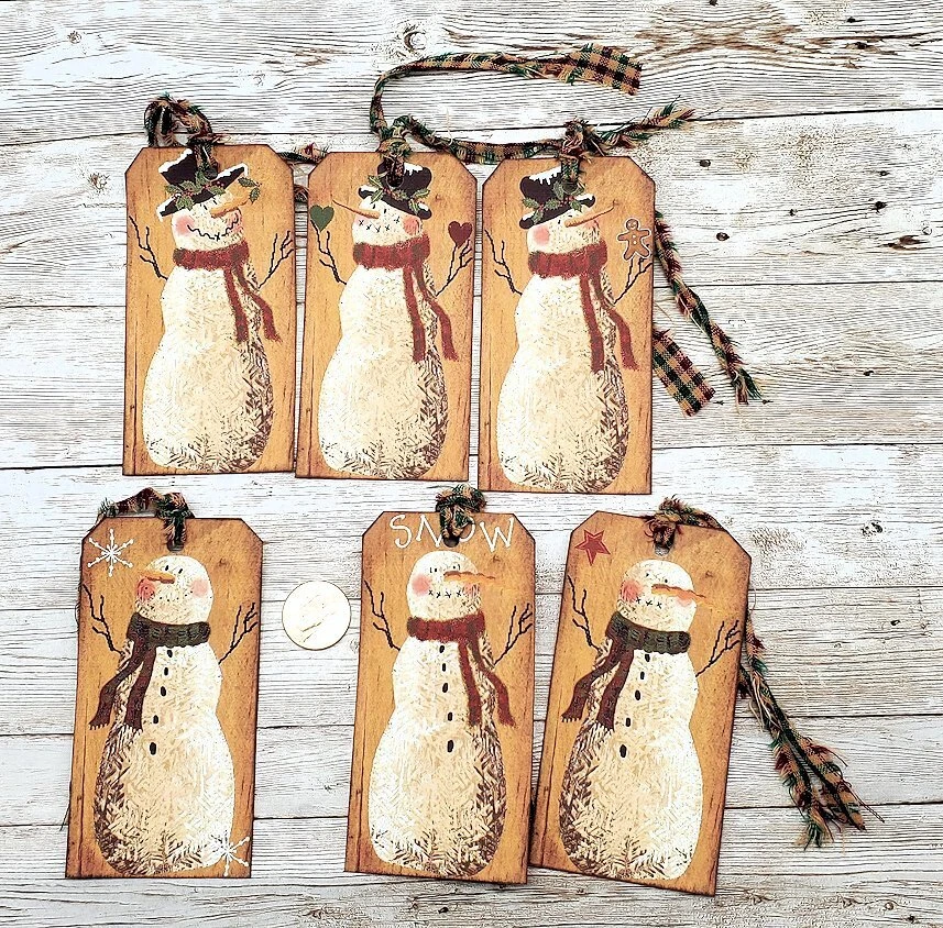 6-Christmas-Primitive-Farmhouse-Rustic Jolly-Snowman-Linen Cardstock-Gift-Tags - Image 1 of 1