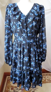 KARL LAGERFELD PARIS DRESS MULTICOLOR FLORAL LONG BALLOON SLEEVE V-NECK 12 NEW - Picture 1 of 18