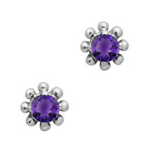 Tiny Flower Stud Round Amethyst Gemstone 925 Sterling Silver Women Earrings