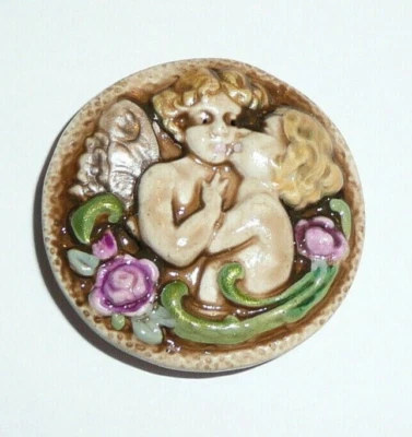 Adorable Cherubs  Large Art Stone Shank Button 1-5/16" Cherubs Hugging Flowers - Image 1 of 4