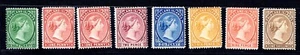 ISLAS MALVINAS 1891 REINA VICTORIA CONJUNTO A 1 CHELÍN S.G. 15/38 8 VALORES - Imagen 1 de 2