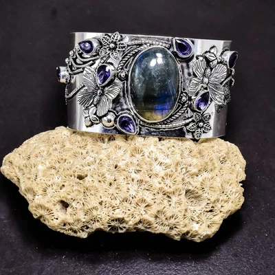 925 Sterling Silver Labradorite & Amethyst Gemstone Jewelry Cuff Bracelet ADJ - Image 1 of 4