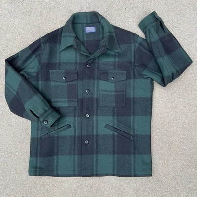 Vtg Pendleton Mackinaw Cruiser Jacket Buffalo 70s Plaid Virgin Wool Coat Green - Image 1 of 4