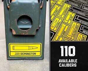 Ammo Can Bullet Decal Label Stickers - UV Stable 2-Color Vinyl - 110 Calibers