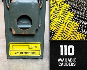 Ammo Can Bullet Decal Label Stickers - UV Stable 2-Color Vinyl - 110 Calibers - Picture 1 of 8