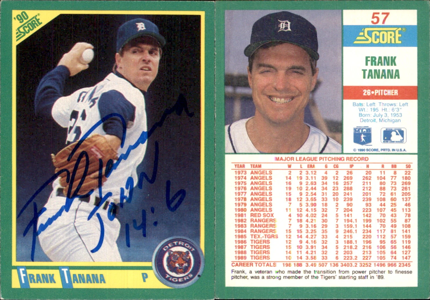 Frank Tanana Signed 1990 Score #57 Card Detroit Tigers Auto AU