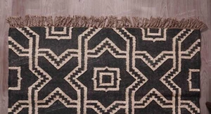 Black Wool Jute Kilim Décor Rug Handwoven Rug Fringes Jute Rug Boho Decor Rug - Picture 1 of 6