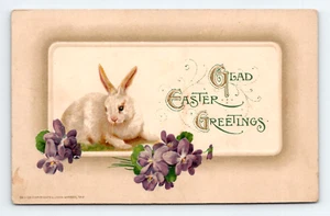 Postal Vintage Winsch Saludos de Pascua Blanco Conejo Púrpura Flores Sin Publicar - Imagen 1 de 2