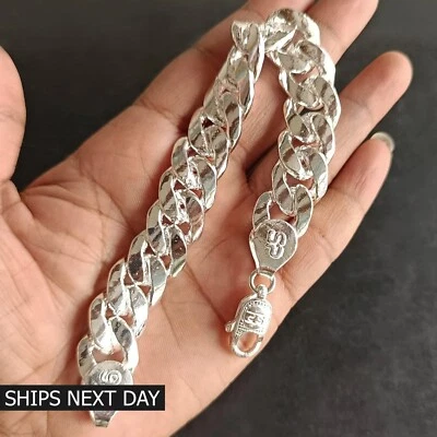 Solid Italian 925 Sterling Silver Heavy Curb Chain Cuban Link Bracelet Mens 9" - Image 1 of 4
