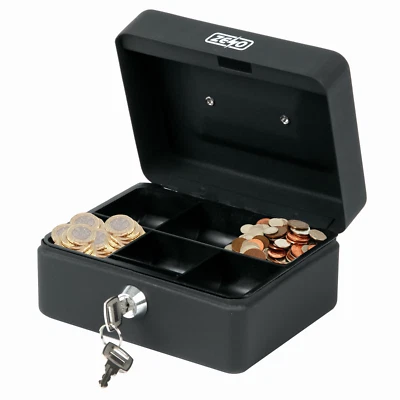 MONEY BOX TIN 6" STEEL METAL CASH SAFE SECURITY PETTY TIN WITH LOCK 2 KEYS BLACK - Image 1 of 4